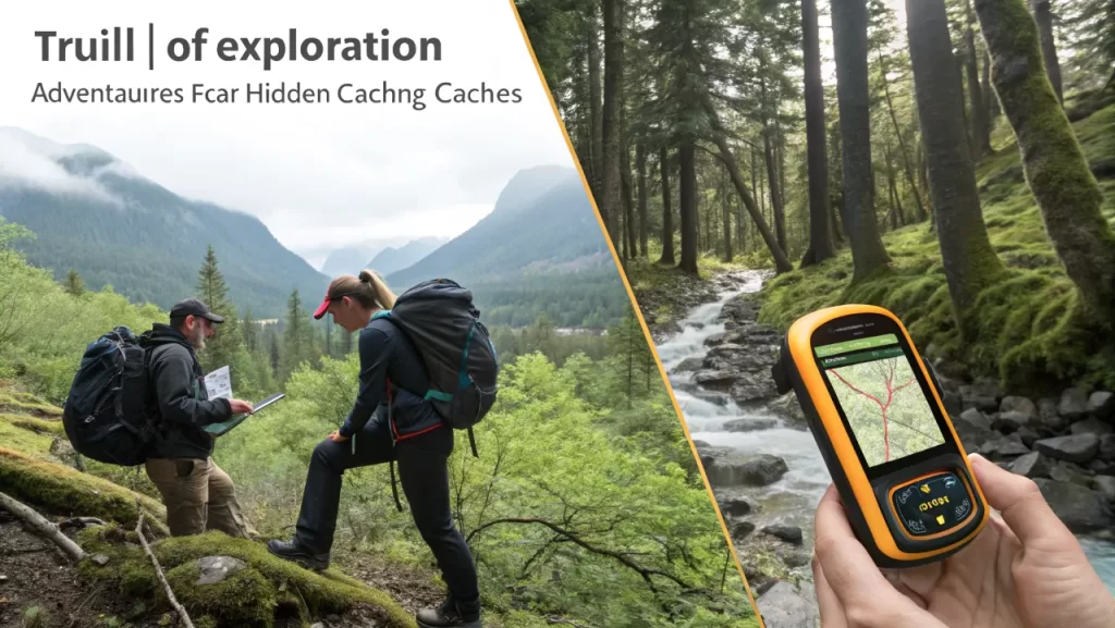 Two hikers with GPS devices exploring a mountainous area