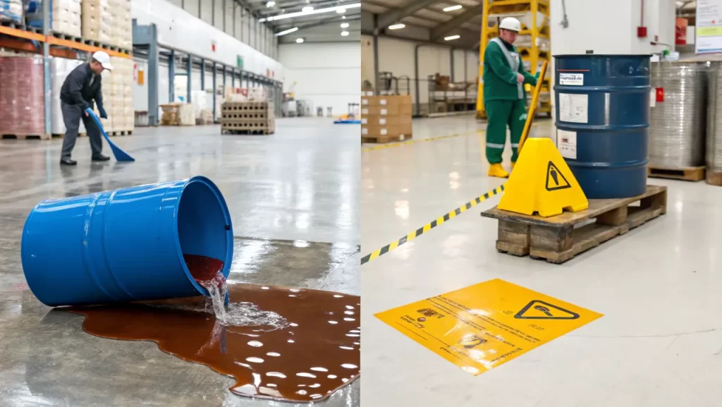 Person cleaning up a chemical spill in a warehouse
