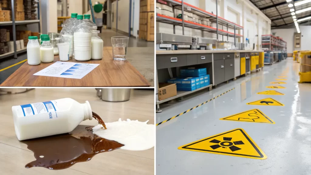 Milk spill with warning signs on a factory floor.