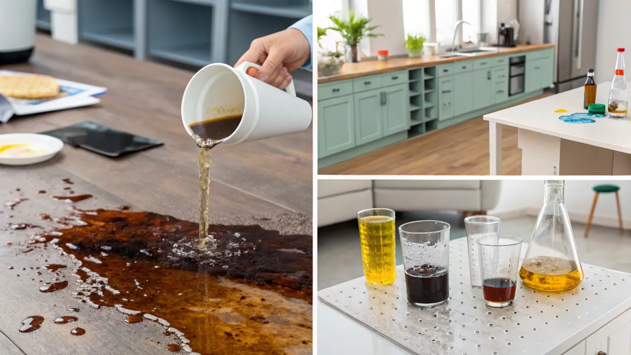 Spilled coffee on a wooden kitchen surface