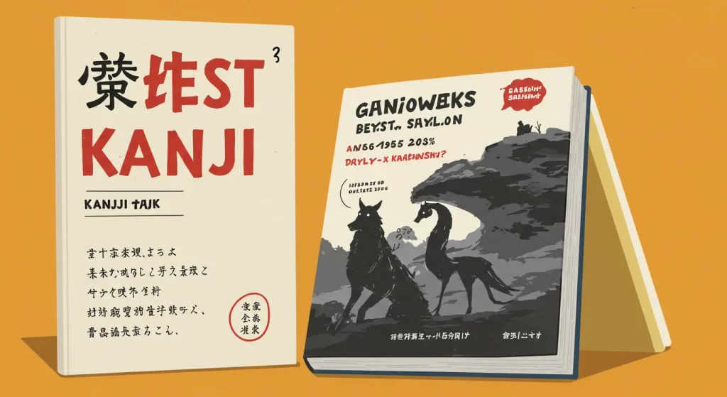A stylized book cover with bold red and black Kanji characters and a wolf illustration.