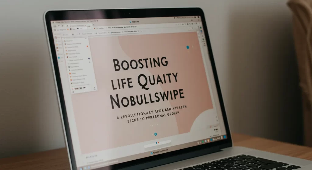 Close-up of a laptop displaying the title "Boosting Life Quality NoBullSwipe" with a focus on personal growth.