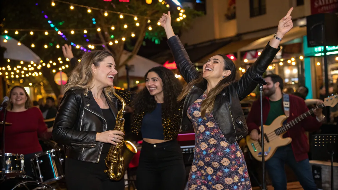 women celebrating with a band